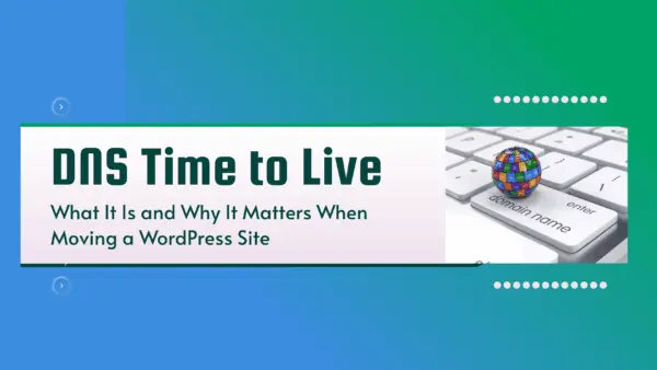 Hero image illustrating DNS Time to Live with a gradient background and a globe showing domain extensions on a keyboard key labeled domain name